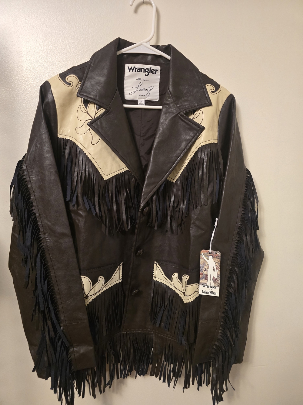 RARE Wrangler Lainey Wilson Dark Brown Leather Fringe Jacket with Cream Yoke